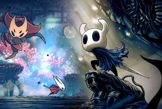 Hollow Knight Art next to Silksong Gameplay